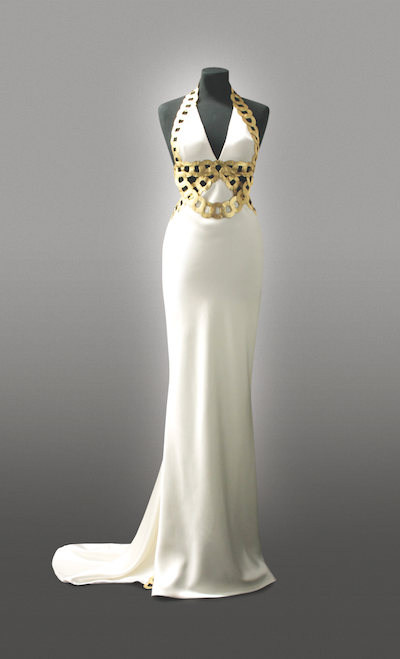 Britta von Basedow private client Gold Leather heavy Silk Satin wedding dress -w480-h720